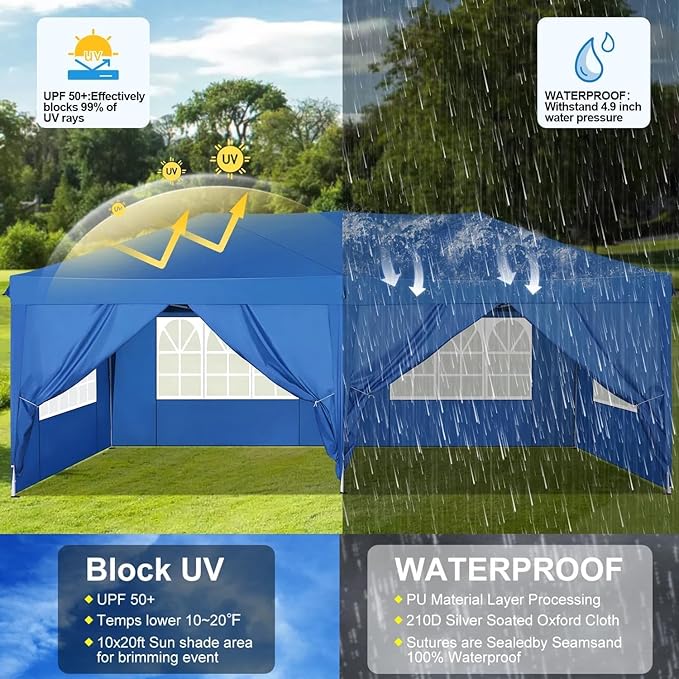 COBIZI Canopy 10x20 Pop Up Canopy with 6 Sidewalls,Waterproof Canopy Outdoor Event Shelter UPF 50+ Gazebo Tents for Parties Beach Camping Wedding Commercial Instant Easy up Canopy 10x20,Blue
