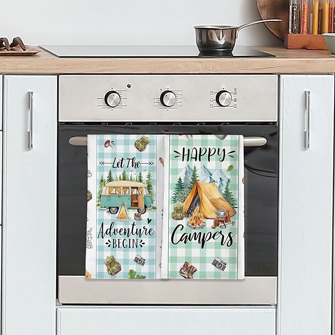 Camping Gifts for Women, Happy Camper Kitchen Towels, Funny Sayings Dish Towels Set of 2 for Camping Lovers, Farmhouse Camping Tent RV Hand Tea Towels for Housewarming Birthday Christmas, 18x26 Inches