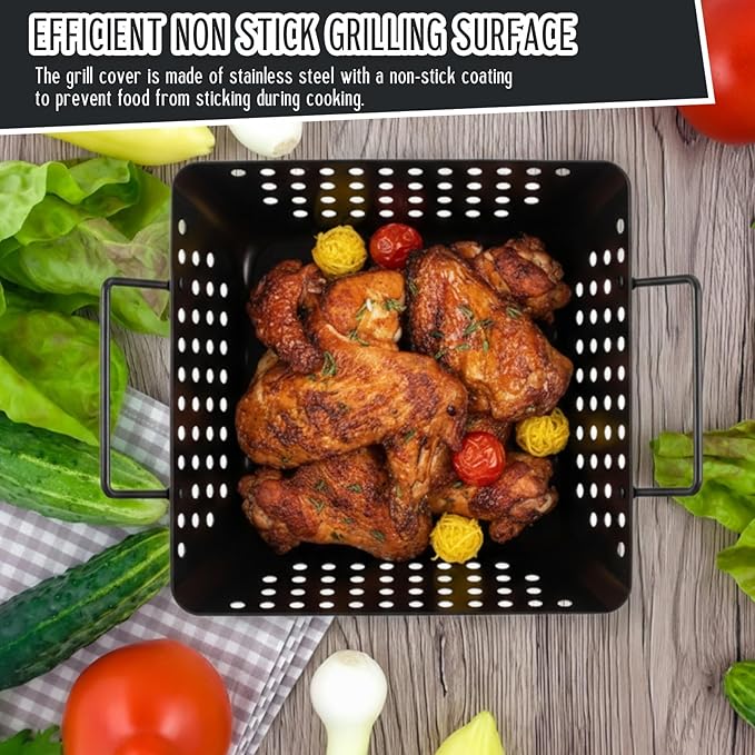 3 Pack Grill Topper Pans for Outdoor Grill, Stainless Steel Vegetables BBQ Grilling Basket with Holes Handles, Nonstick Barbecue Pan Grilling Gifts for Camping Picnic Cooking Seafood Meat