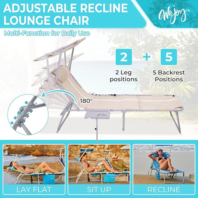 #WEJOY Tanning Chair with Face Hole & Canopy & Side Table, 5 Positions Adjustable Sunbathing Lounge Chair Facedown Chaise Lounge with Pillow Quick Dry for Beach Pool Outdoor Camping Patio,Khaki