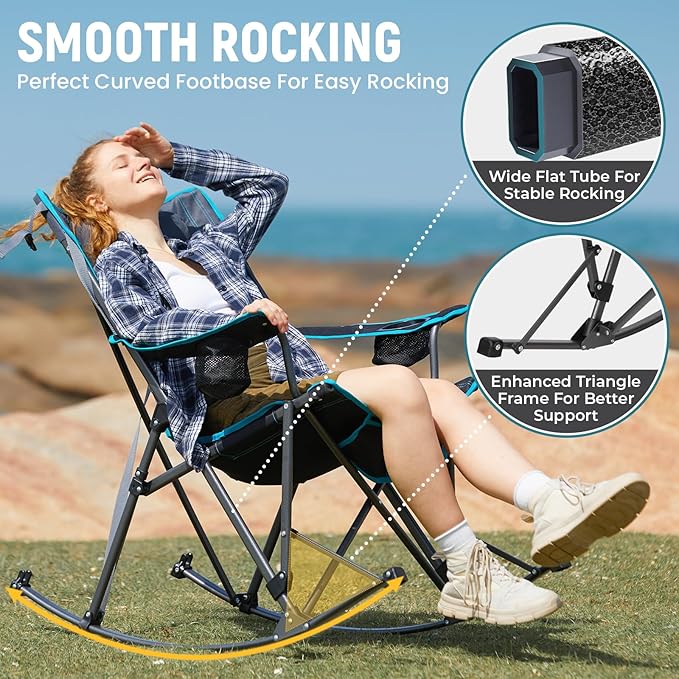FUNDANGO Oversized Rocking Camping Chair for Adults, 2 Pack Portable Folding Lawn Chairs for Outside with Pillows, Wide Armrest, 2 Cup Holders, Carry Bag for Patio Garden Outdoor Supports 300Lbs