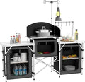 Outsunny Camping Kitchen Table, Portable Folding Camp Kitchen, Aluminum Cook Station with 3 Fabric Cupboards, Windshield, Carrying Bag for BBQ, RV, Picnic, Black