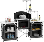 Outsunny Camping Kitchen Table, Portable Folding Camp Kitchen, Aluminum Cook Station with 3 Fabric Cupboards, Windshield, Carrying Bag for BBQ, RV, Picnic, Black
