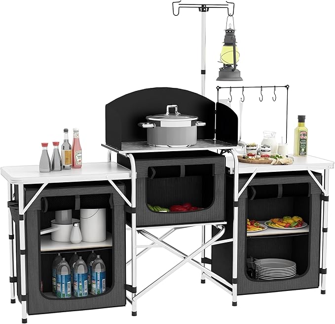 Outsunny Camping Kitchen Table, Portable Folding Camp Kitchen, Aluminum Cook Station with 3 Fabric Cupboards, Windshield, Carrying Bag for BBQ, RV, Picnic, Black