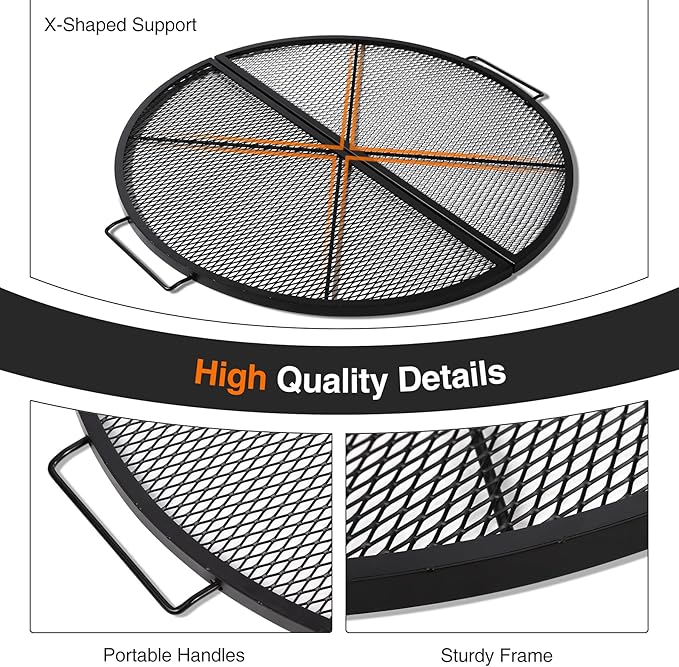 Lineslife 36 Inch X-Marks Fire Pit Cooking Grill Grates Portable, Heavy Duty Folding Round Campfire Grill Grate, Firepit Grill Grate with Handles for Outdoor BBQ Picnic, Black