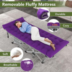 Slendor Folding Camping Cot with Mattress, 74" L x 28" W x 15" H Camp Cots for Adults, Portable Sleeping Cot Bed for Tent, Office, Travel, Max. 500lbs Load, Striated Gray Cot, Gray+Purple Pad