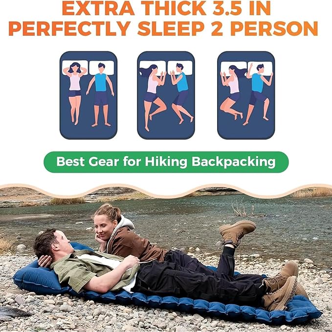 Inflatable Travel Mat with Built-in Pillow - Double Sleeping Pad, Compact Lightweight Gear for Camping Hiking Trekking Tent Backpacking Outdoor Adventures Rest Comfort Air Cushion