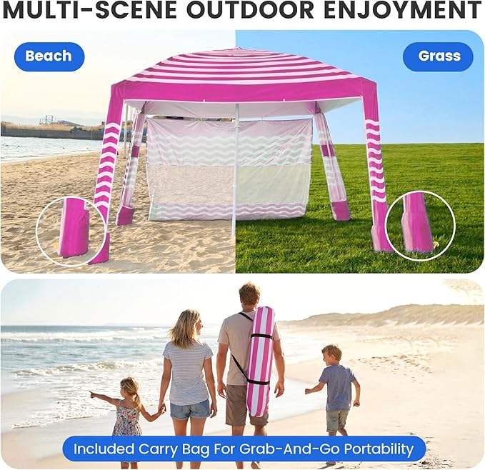 Zeraty Beach Cabana 8'×8', Portable Beach Canopy with Side Wall, Easy Pop Up UPF 50+ Silver-Coated Beach Tent Sun Shelter, Wind Resistant Adjustable Height Beach Umbrella Tent for Family, Pink