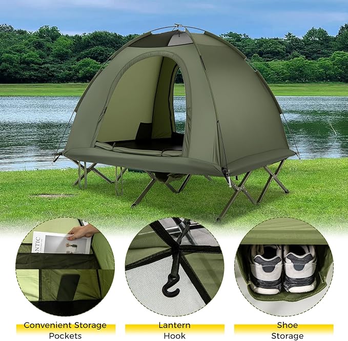 GYMAX 2-Person Tent Cot, 3 in 1 Folding Off-Ground Cot Bed Combo with Portable Wheeled Bag, Waterproof Rainfly, 2 Mesh Doors & Skylight Roof for Hiking, Backpacking, Outdoor