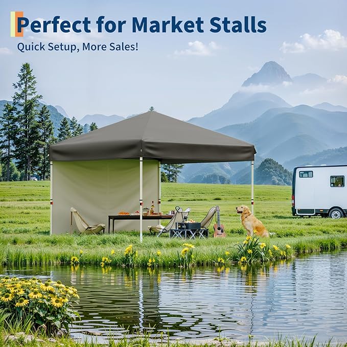 10x10 Instant Pop-Up Canopy with 1 Sidewall – Easy 1-Button Setup, Includes Roller Bag, 3 Height Settings & 4 Weight Bags – Perfect for Backyard, Beach, Sports & Parties,Grey