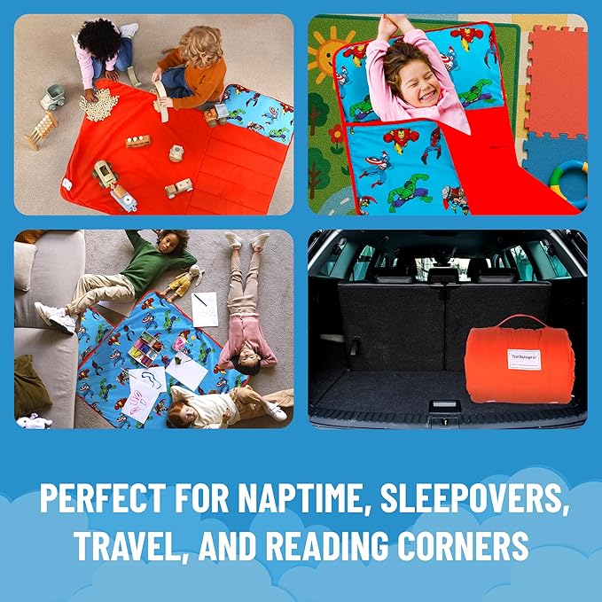 Jay Franco Kids Nap Mat with Embedded Pillow & Blanket – Soft 46"x20" Microfiber Sleeping Bag with Name Tag & Handle for School, Travel, Sleepover