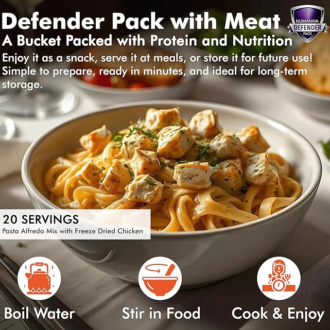 Numanna Defender Pack with Meat Bucket 1,296 Servings | 6-Months Emergency Food Supply with Protein | Easy-to-Prepare Survival Meals for Camping & Daily Use | 25+ Year Shelf Life | Made in USA
