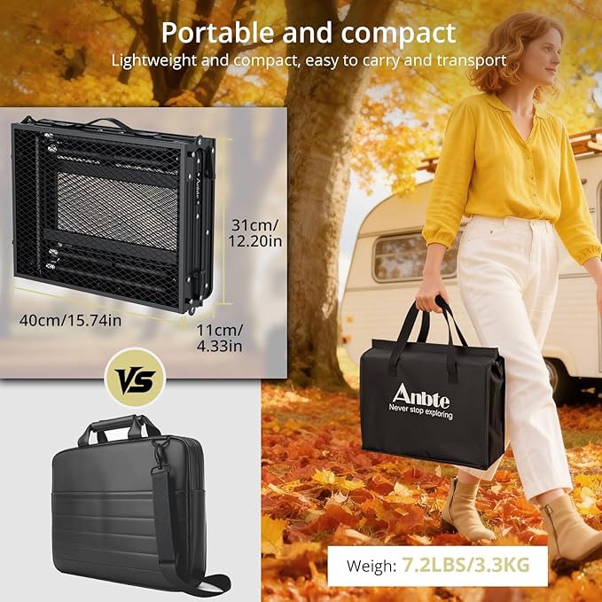 Anbte 3ft Tri-fold Grill Table, 2 Adjustable Heights Max 29.5" Sturdy Metal Grill Table with Storage Bag, Heat-Resistant Tabletop, Portable Handle for Cooking BBQ Outdoor Travel, 35" x 16", Black