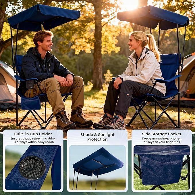 Portable Camping Chair 2 Pack with Foldable Canopy, Folding Outdoor Chair with Cup Holder & Side Pocket for Camping, Hiking, Picnic, Beach (Navy Blue)
