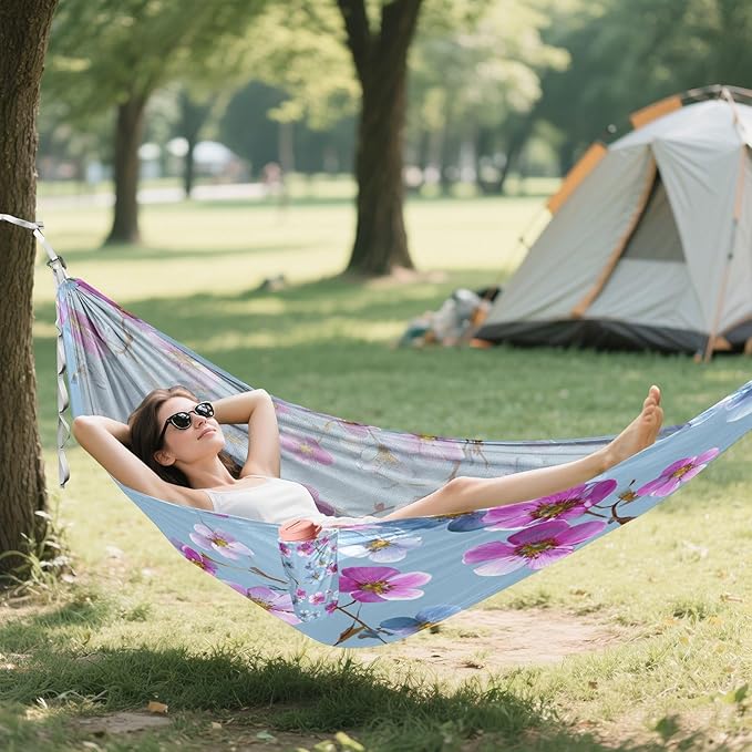 Blue Background Pink Flowers Camping Hammock Single Portable Hammocks 330 lbs Capacity with 2 Tree Straps and Attached Carry Bag,Perfect for Outdoor,Indoor,Beach,Camping,Travel