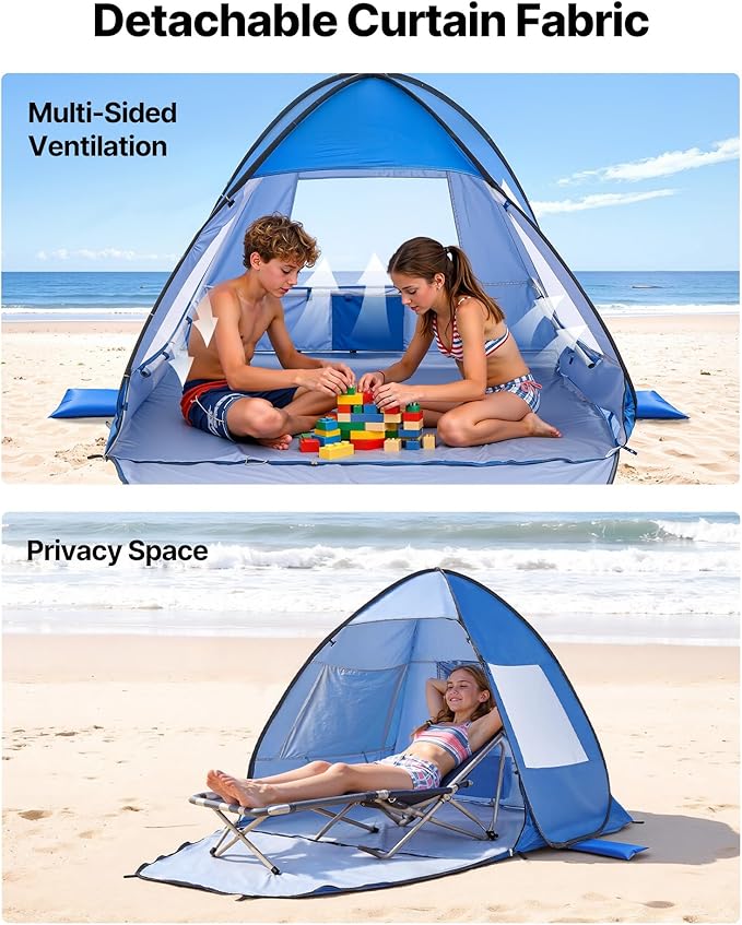 VEVOR Beach Tent Sun Shelter for 2 Person, UPF 50+ Protection, Portable Sun Shade Beach with Carrying Bag & Sand Pockets, Lightweight and Easy Setup Beach Umbrella for Camping Fishing Outdoor Picnic
