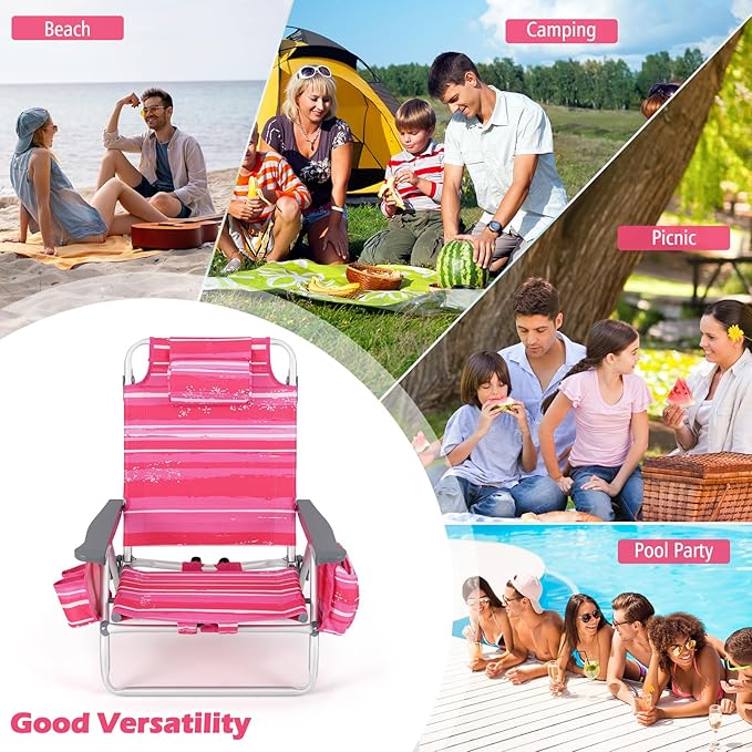 Goplus Beach Chair, Folding Backpack Beach Chairs for Adults with 5 Positions, Head Pillow, Cooler Bag, Towel Bar, Cup Holders, Sunbath Sling Tanning Lounge, Foldable Layout Camping Chairs