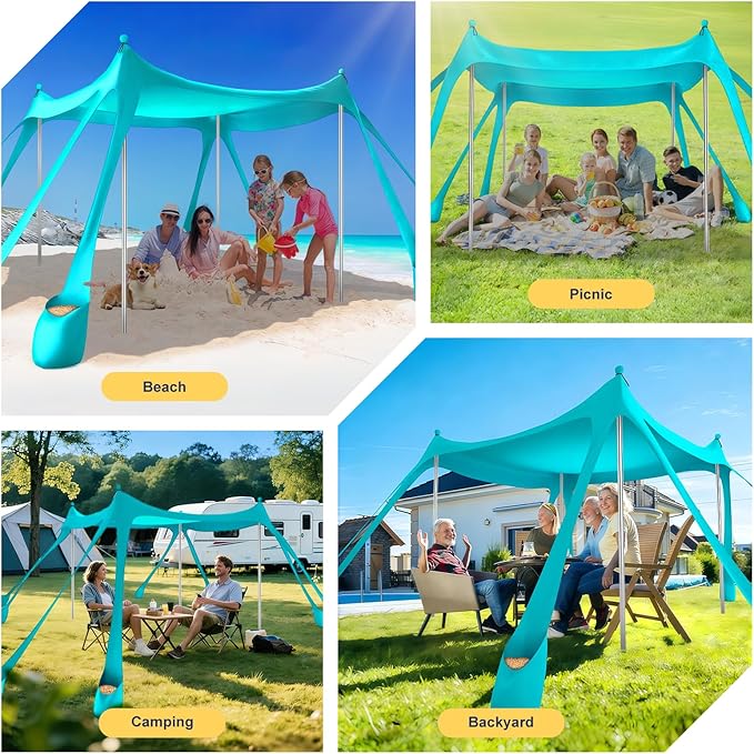 Beach Tent Sun Shelter UPF 50+,10x10 FT Beach Canopy Tent Sun Shade,Pop Up Beach Canopy with 8 Sandbags,Outdoor Beach Shade for Camping Trips, Fishing, Backyard Fun Picnics (Turquoise)