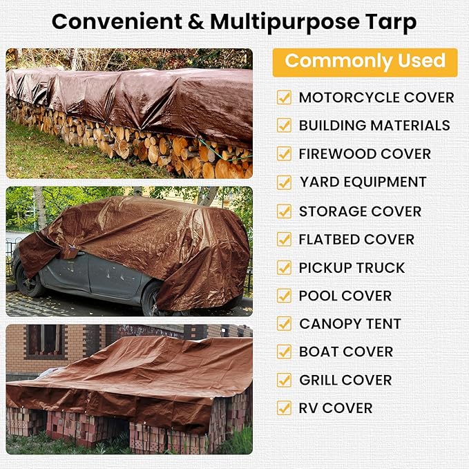 Tarp 10x12FT, Large 16 Mil Heavy Duty Tarps, Waterproof Tarp with Brass Grommets and Reinforced Edges, UV Resistant, Tear&Fade Resistant Poly Tarp for Outdoor Camping Pool Car Tent
