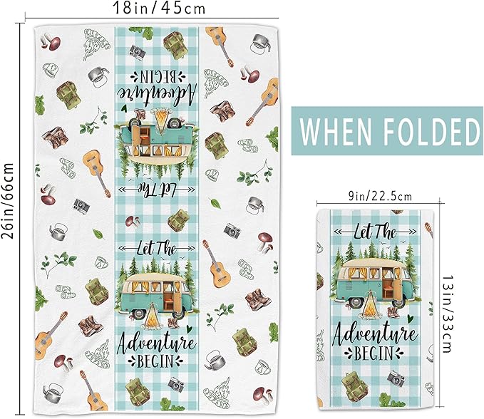 Camping Gifts for Women, Happy Camper Kitchen Towels, Funny Sayings Dish Towels Set of 2 for Camping Lovers, Farmhouse Camping Tent RV Hand Tea Towels for Housewarming Birthday Christmas, 18x26 Inches