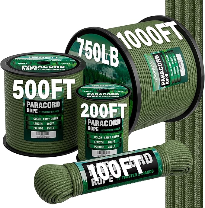 Paracord Rope 750 - Parachute para Cord 4mm 11 Strand Spool Rope Utility Nylon String for Outdoor Camping Survival Utility Tent Crafting DIY Projects - ArmyGreen 50ft