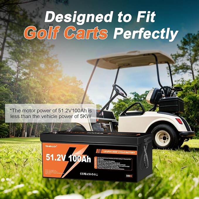 48V 100Ah Lithium Golf Cart Lifepo4 Battery, Built-in Smart 200A BMS Support up to 5kW Motor 6000+ Deep Cycle Low-Temp Protection Battery for Golf Carts, RV, Off-Grid, Trailers Marine