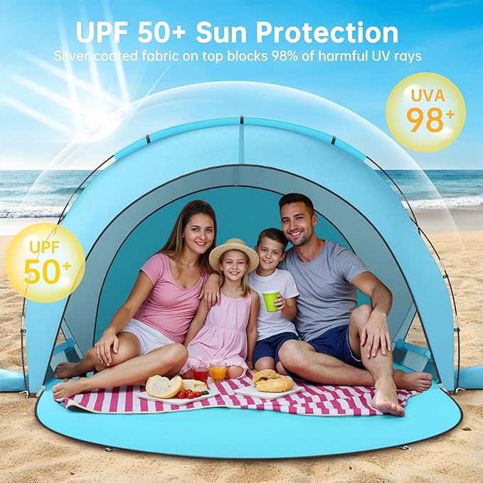 Beach Tent Sun Shelter, Beach Shade Tent with UPF50+ UV Protection, Sun Shelter for 1-4 Person, Beaches Shade with 2 Zippered Doors, Portable Tents for Camping Fishing, Light Blue
