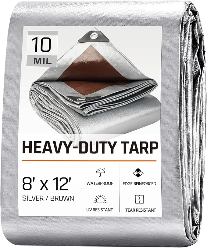 8 x 12 FT Waterproof Heavy Duty Tarp, 10 Mil Thick, Outdoor Furniture Covers, Plastic Insulated Tarpaulin for Camping Tent Roof Boat Patio Pool Cover, Large & Small Multi-Size Tarps, Silver/Brown