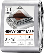 8 x 12 FT Waterproof Heavy Duty Tarp, 10 Mil Thick, Outdoor Furniture Covers, Plastic Insulated Tarpaulin for Camping Tent Roof Boat Patio Pool Cover, Large & Small Multi-Size Tarps, Silver/Brown
