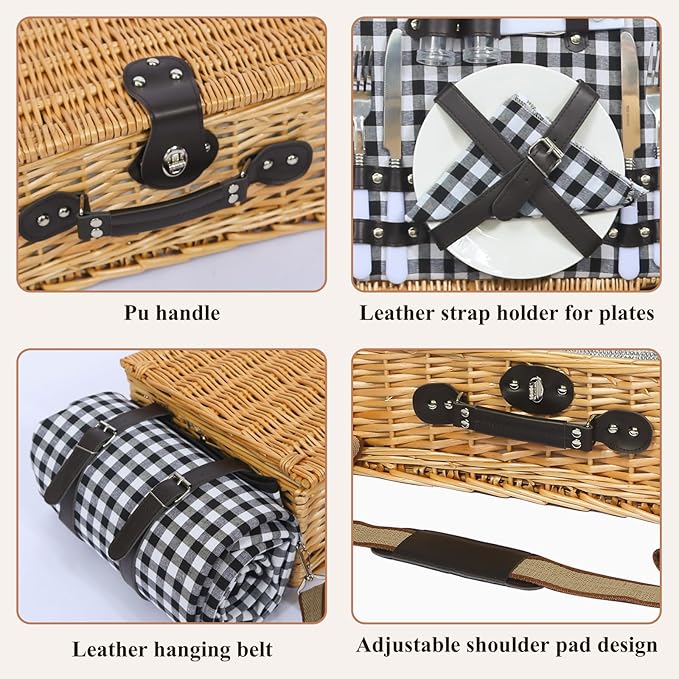 Picnic Basket for 2 with Blanket, Willow Picnic Basket Set with Shoulder Strap&Wine Pouch, Large Willow Hamper with Insulated Cooler for Outdoor, Camping, Beach, Couples, Wedding Gift