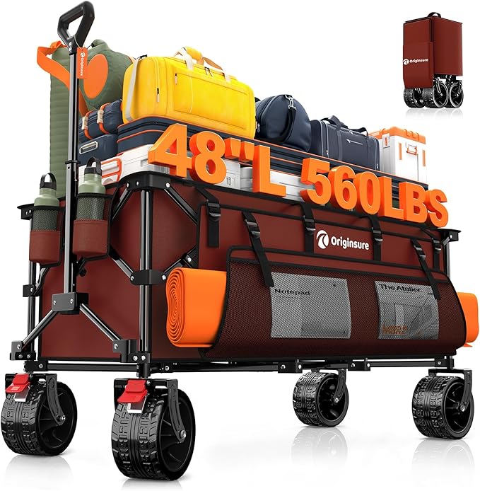 48" L Collapsible Wagon Cart Foldable, 560lbs Weight Capacity 300L Heavy Duty Folding Beach Wagons with Big All-Terrain Wheels, Utility Carts for Groceries, Shopping, Camping, Sports-red