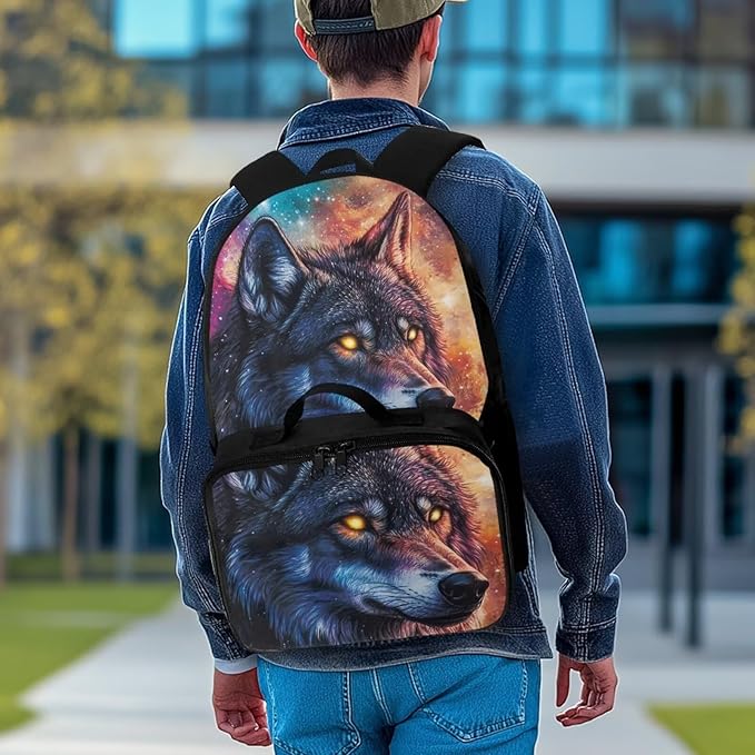 Galaxy Backpack for Men Wolf Bookbag with Lunch Bag Insulated Lightweight Polyester School Bag for Outdoor Camping Travel Casual Book Bag Daypack