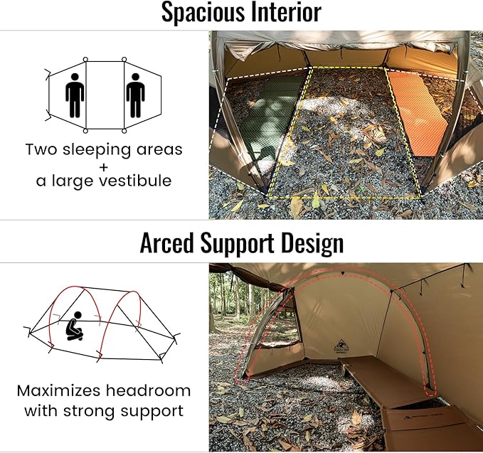 OneTigris Raven NEST Hot Tent with Stove Jack, Spacious Waterproof 2 Person Tunnel Tent for Camping, Hiking, Backpacking, Bushcraft
