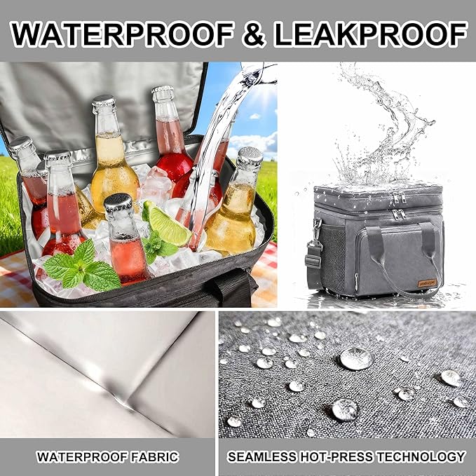 Lunch Bag-Double Deck Insulated Lunch Box for Men Women, Soft Leakproof Thickened Cooler Bag for Work, Picnic, Outdoor, Camping, Travel (Gray，15L)