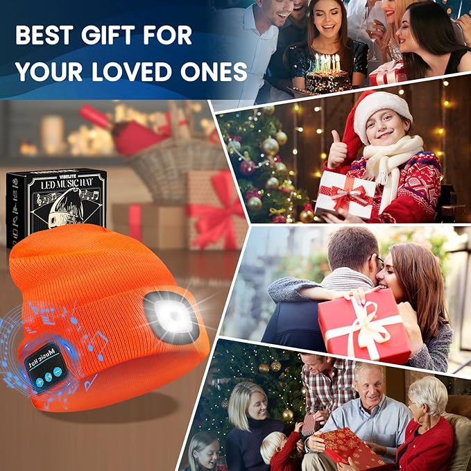 VIBELITE Bluetooth Beanie Hat with Light, Gifts for Men, USB Rechargeable LED Headlamp with Wireless Headphones,Birthday Gifts for Men, Dad, Him, Teen Boys, Husband, Women, Boyfriend, Orange