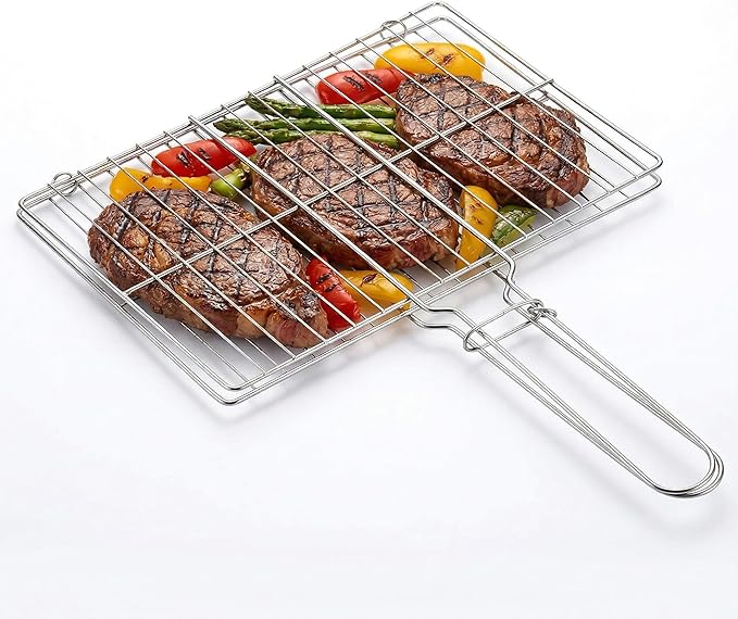 Stainless Steel Fish Grill Basket for Outdoor BBQ, Heavy Duty Lockable Grilling Rack for Fish Vegetables Steak Veggies Shrimp Meat, Portable Campfire Cooking Mesh Grate Tool, 12 x 8 Inch