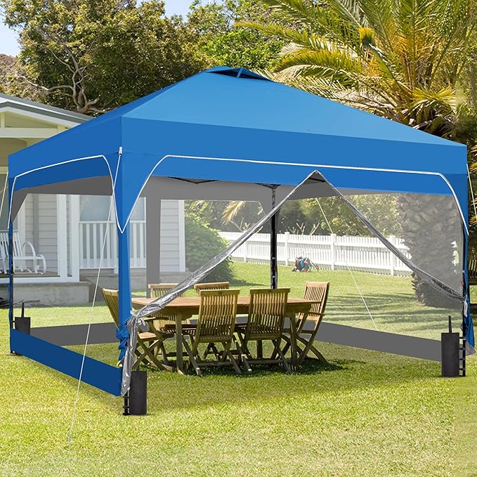 GDY 12x12FT Outdoor Pop Up Canopy Tent with One Push Setup, Easy Setup Gazebo with 4 PVC Transparent Sidewalls for Patio, Parties, Camping, Blue