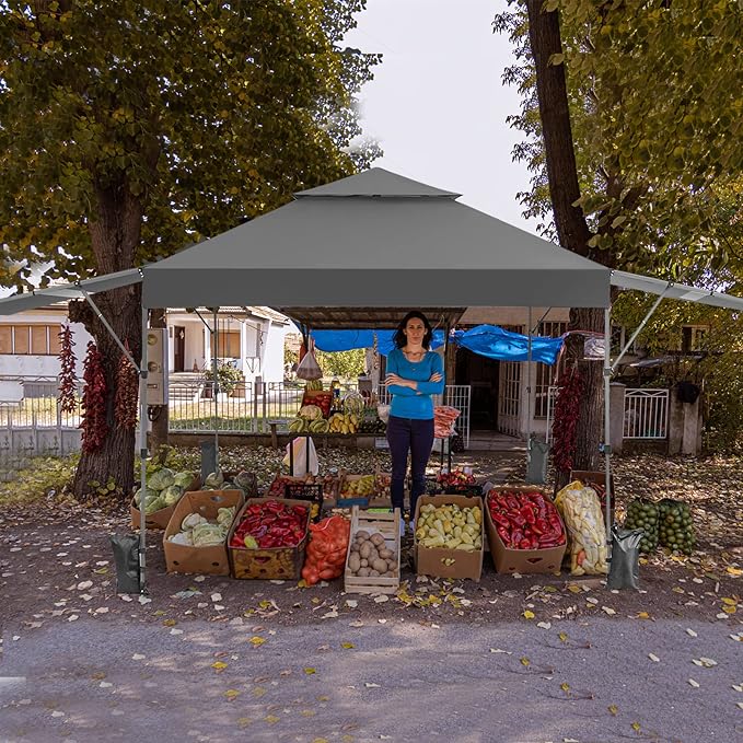 Tangkula 10x17.6 Ft Pop Up Canopy with Adjustable Dual Awnings, 2 Tier Outdoor Canopy Tent with 8 Stakes, 4 Ropes, 4 Sand Bags, Wheeled Bag, Easy Setup Instant Tent for Patio, Market, Picnic