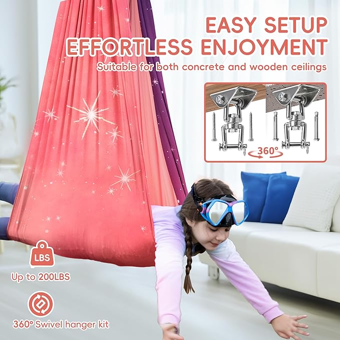 OUTREE Sensory Swing for Kids, Double Layer Therapy Hammock, Indoor Swing with 360° Swivel Hanger Kit and Adjustable Straps, Autism Sensory Product for Autism, ADHD or SPD (Pink Starry-Sky Printed)