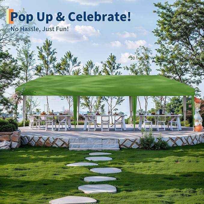 10x30 Pop Up Canopy - Heavy Duty Outdoor Canopy Tent with Portable Roller Bag - 3 Adjustable Height, 4 Weight Bags, 8 Stakes & 6 Guy Ropes Included, Green