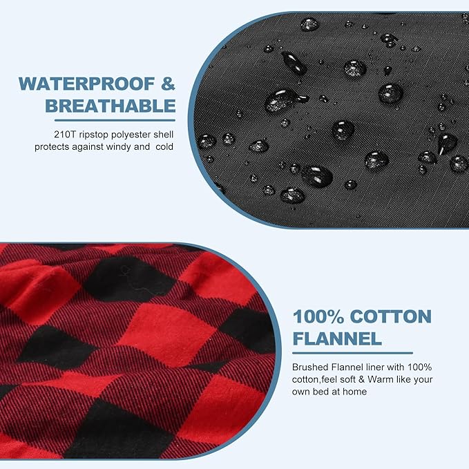 AGEMORE Cotton Flannel Double Sleeping Bag with Fleece Lined Hood, Waterproof Queen Size 2 Person Sleeping Bag for Adults Cold Weather Camping Backpacking or Hiking, 3-4season