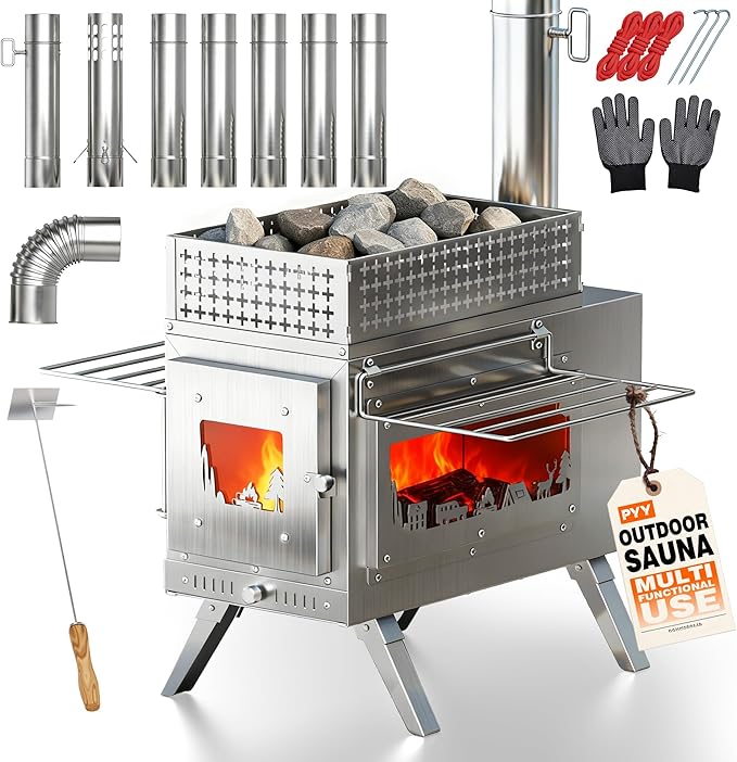 PYY Sauna Wood Stove - Upgraded Side-Window Sauna Stove Wood Burning For Outdoor, 2-In-1 Foldable Portable Sauna Stoves For Camping Tent, Dual Damper, Chimney Pipes, Stone Basket, For Sauna, Cooking
