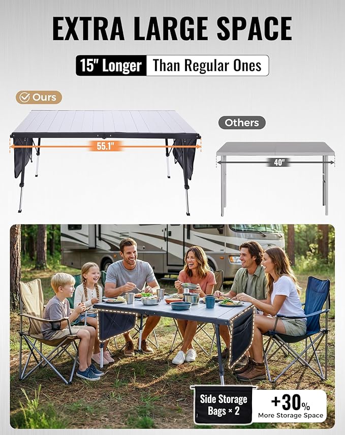 KingCamp Folding Camping Table Foldable, 55.1" x27.6" Aluminum Roll Up Table with Adjustable Height 6-7 Person Camp Tables Outdoor with Carrying Bag for BBQ, Patio, and Picnic Loads 265 Lbs