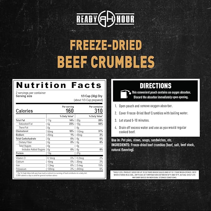 Ready Hour Freeze-Dried Beef Crumbles Case Pack – 12 Servings (6 Pouches) – Emergency Protein Supply, Long-Term Meat Storage, Prepper Meat Pack, Shelf Stable Beef, Survival Food