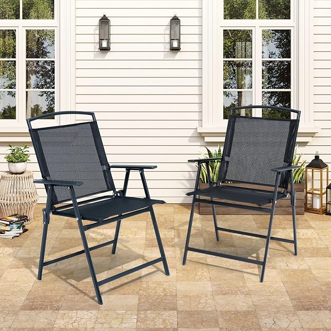 Crestlive Products Patio Folding Chairs Set of 2, Outdoor Folding Chairs with Durable Rust-Resistant Frame and Breathable Textilene Material for Outside, Black