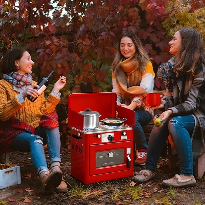 Bonnlo 2-in-1 Camping Oven & Portable Gas Stove Combo with 3-side Windscreen, Powerful 19,800 BTU Propane Oven with One-click Ignition, Heat-resistant Coating & Thermometer for Outdoor Use, Red