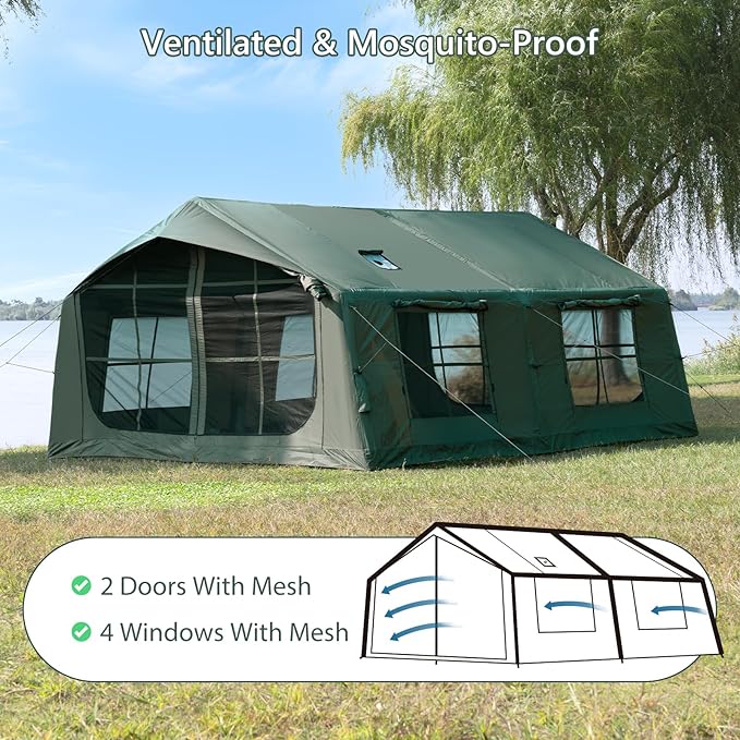 Oxford Inflatable Tent for Camping with Hand Pump, 4 Season Glamping Tents with Stove Jack for 8-12 Person, Waterproof Outdoor Party Camping Festival