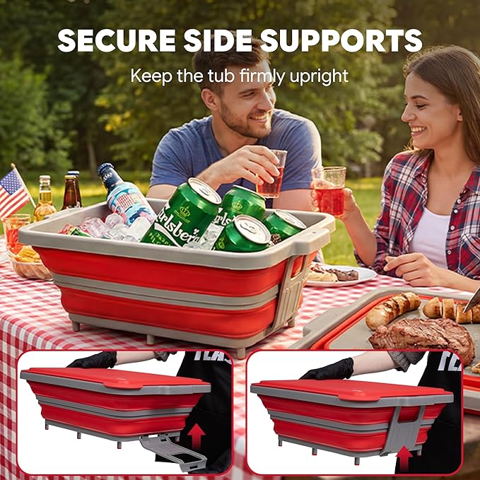 9-IN-1 Collapsible BBQ Prep Tub with Cutting Board, Portable Grill Prep Station with Side Brackets, Lids, Knives, Meat Claws and Drain Rack, Space-Saving for Kitchen, RV, Camping, Red