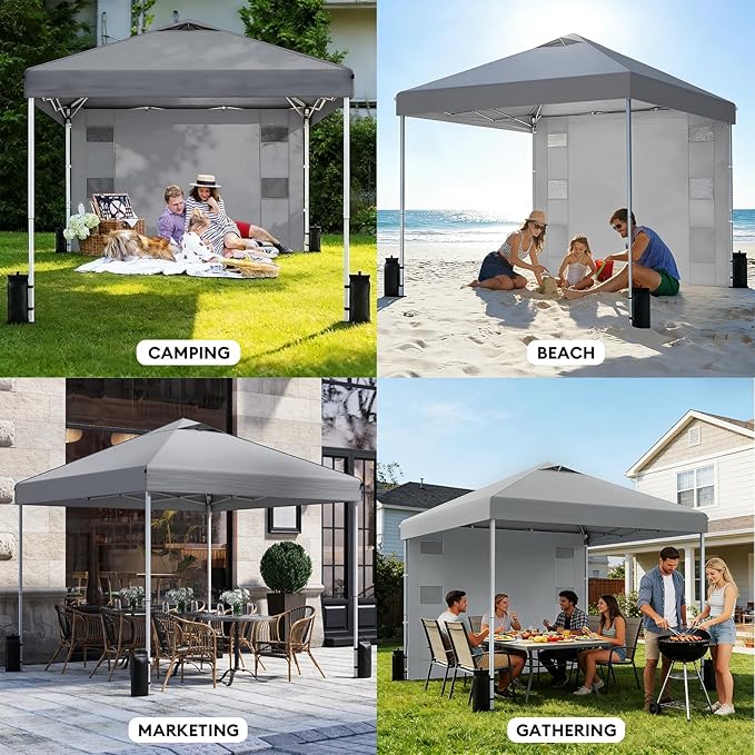 10x10 Pop Up Canopy with Sidewalls, Instant Heavy Duty Canopy Tent for Parties, Events, Camping, One Person Setup - Gray