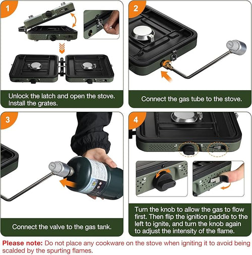 2 Burner Camping Stove with Windscreen, 12 Plates Foldable Portable Aluminum Camping Stove Windshield, Folding Gas Stove with 17200 BTU Adjustable Burners, Suitable for Propane & Butane